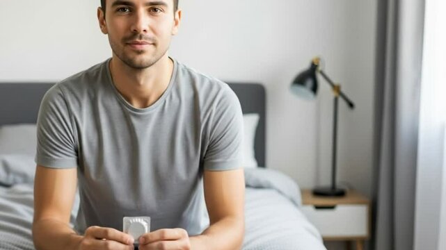 A man holding a condom in his hand, promoting safe sex practices.