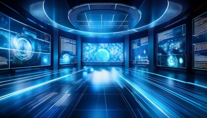 a futuristic newsroom with blue lights and out of focus activity in the background