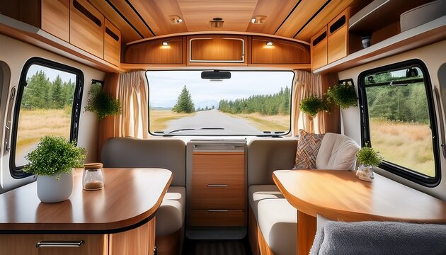 a customized camper van interior view showcasing natural wood accents