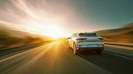 A silver electric car speeds down a long, straight desert highway with motion blur, showcasing sustainable travel against a dramatic sunset and wide-open landscape.