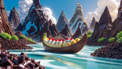 AI-generated images of a fantasy world made of chocolate and milk with a floating banana split 