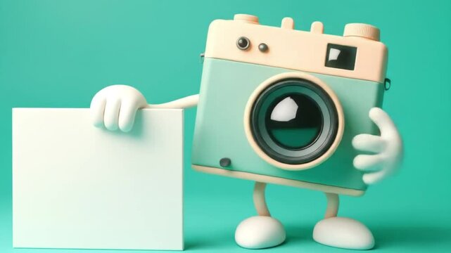 Cartoon camera character holding blank sign on teal background  
