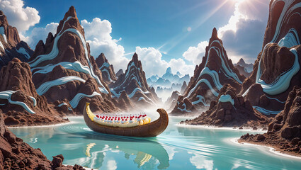 AI-generated images of a fantasy world made of chocolate and milk with a floating banana split 