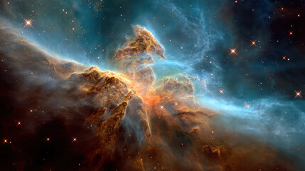 A colorful nebula filled with vivid blues and oranges captures the essence of cosmic beauty, highlighting stars and gas clouds in deep space.