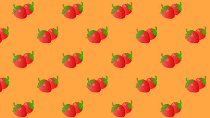 Orange seamless pattern with red strawberry. Background red cherries and green leaves. Vector design sweet berries as wallpaper