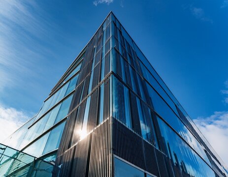 a low angle view of a modern building with a glass facade against a bright blue sky