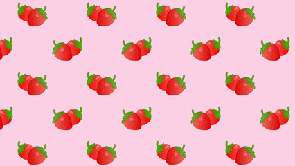 Pink seamless pattern with red strawberry. Background red cherries and green leaves. Vector design sweet berries as wallpaper