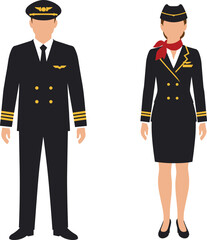 Male pilot and female flight attendant in uniform, aviation crew illustration, professional airline staff, cabin crew vector, aviation industry, travel personnel, airline job roles