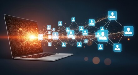 Laptop displaying a network of people icons connected by lines on a dark background digitally rendered