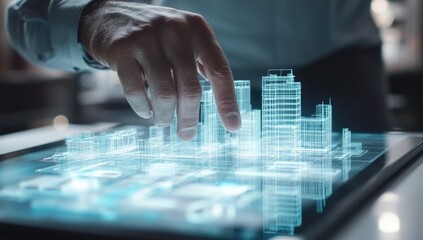 A hand interacts with a digital city model on a tablet