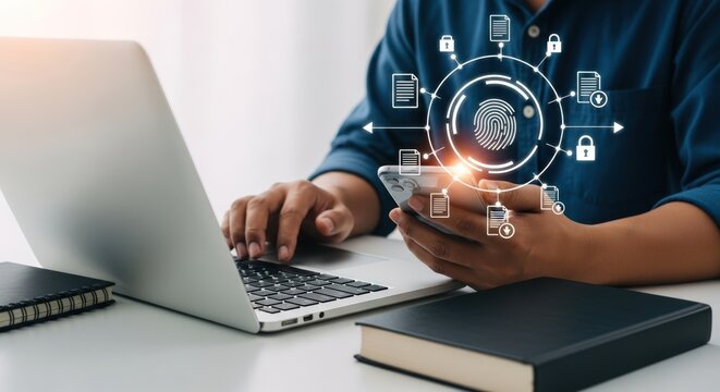 Person using laptop and smartphone with digital security interface overlayed on the image view