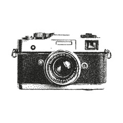 Halftone stipple photo camera. Collage cutout element on transparent background for print, banner.