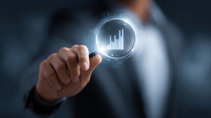 Businessman analyzing financial data on a futuristic holographic interface for business growth and investment strategy