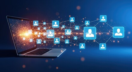 Laptop displaying a network of user icons connected by lines on a blue gradient background