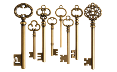 Set of Vintage Brass Key with Ornate Head, isolated on a transparent background