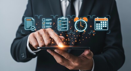 Man in suit using phone with schedule and task management icons floating above the device screen