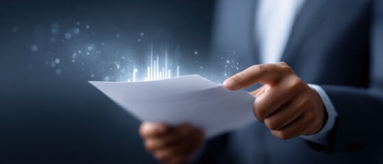 A businessman analyzes a report with a futuristic hologram chart showing financial data and business growth