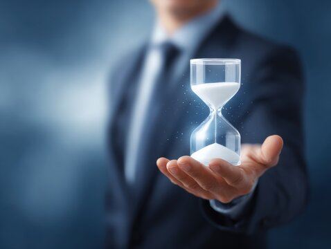A businessman holds a glowing hourglass symbolizing time management business strategy and future opportunity - Powered by Adobe
