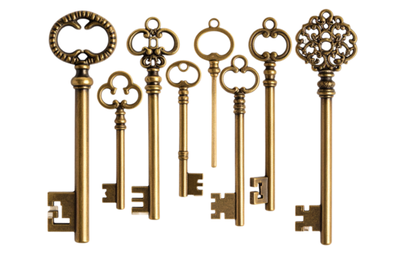 Set of Vintage Brass Key with Ornate Head, isolated on a transparent background
