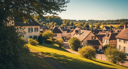 Naklejka premium A view of a european village with houses and trees on a sunny day in the countryside landscape view