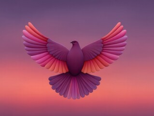 Captivating stylized bird with vibrant pink and purple feathers gracefully soaring against a dreamy sunset background embodying freedom and creativity captured with clarity