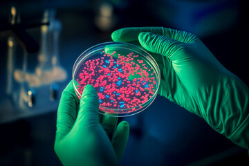 Hands Holding Petri Dish with Bacterial Colonies in Laboratory. Ideal visual for illustrating concepts of microbiology, healthcare innovation, biotechnology, or scientific discovery.