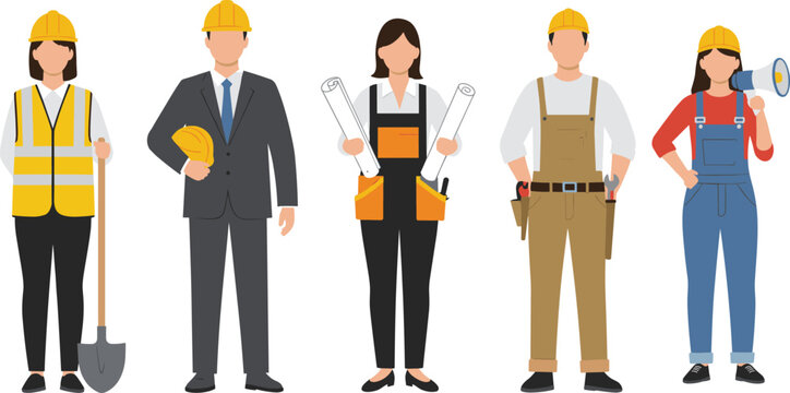 Construction workers vector illustration, male and female engineers, architects, laborers, teamwork, safety helmet, occupation roles, building staff, flat design professionals, characters