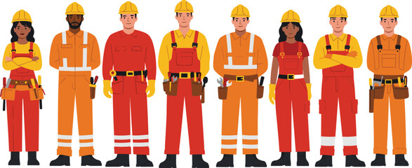 Diverse construction workers in uniform with tools, male and female labor crew in safety gear, engineering team illustration, industrial characters, vector profession concept