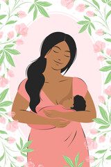 Banner about breastfeeding and motherhood. Woman  feeding baby. Tips for breastfeeding mothers. Infographics, different data, informations in frames about breastfeeding. Vector illustration.