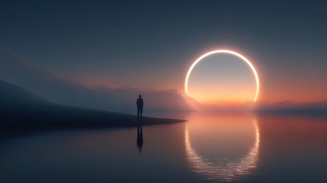 A solitary person contemplates a surreal solar eclipse over a misty and tranquil ocean at sunset