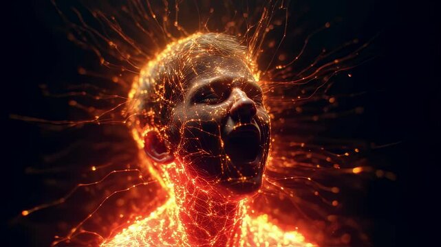 Medical visualization of a young boy screaming with a fiery body, expressing uncontrolled anger and frustration, symbolizing inner turmoil and emotional distress