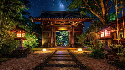 Obraz premium 灯籠に導かれる夜の神社