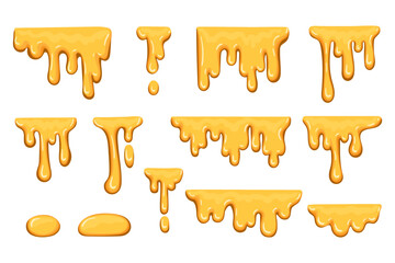 Sticky amber liquids, drops. Dripping melted honey sweet splash collection. Golden flow syrup fluid