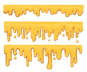 Sticky amber liquids, drops. Dripping melted honey sweet splash collection. Golden flow syrup fluid
