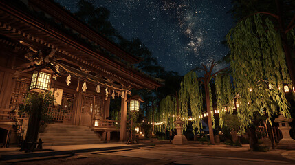 Naklejka premium 柳揺れる静寂の神社