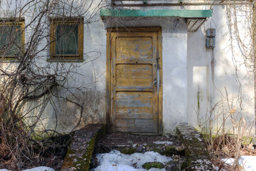 
An old, time-worn entrance to a building with a yellow wooden door and two windows, partially overgrown with creepers, and remnants of snow under the stairs.