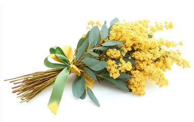 A vibrant festive bouquet featuring wattle flowers tied with green ribbons showcasing Australian culture. Generative AI.