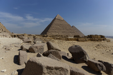 View of the Pyramids of Chephren and Cheops in Giza, Egypt