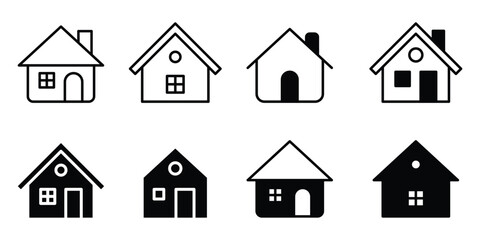 Solid and line style black home icons in modern style, suitable for UI design, apps, or navigation menus.
