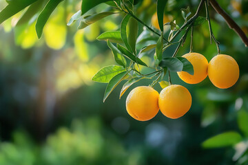 Close-up of orange fruit on a branch with a blurred garden background