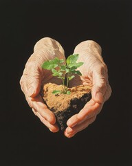 Elderly hands planting a seedling in real soil earth environment nature scene close-up view growth concept