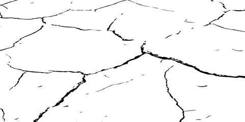 Generate a high-contrast black and white image showcasing a network of irregular cracks across a white surface, forming sharp, angular lines that intersect and branch out,creating a fragmented pattern
