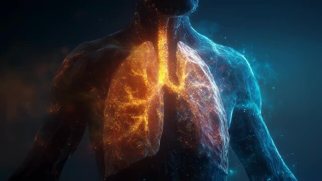 Glowing particles are forming inflamed human lungs, illustrating a severe respiratory illness, which could be caused by smoking, vaping, or other harmful habits