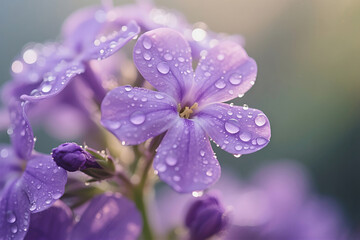 Obraz premium A softly blooming purple flower glistens with raindrops across its gentle layered petals, standing out in quiet elegance against a delicate blurred background—like the hero of a rainy day poem