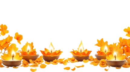 Thaipusam celebration background with diya lamp and yellow flowers on white background