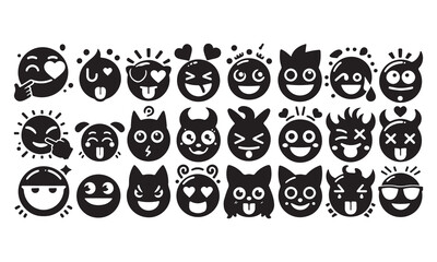  Emoji bundle silhouette of vector set of funny cartoon faces set of emoji smileys set of smiley faces and vector illustration black vector on white background 