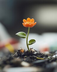 Single flower thriving amidst landfill earth and environment focus nature photography close-up beauty of resilience