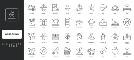 Vegetable garden, landscaping, harvest care thin black outline symbols vector illustration. Gardening, agriculture equipment and florist tools, farming and plant cultivation line icon set.