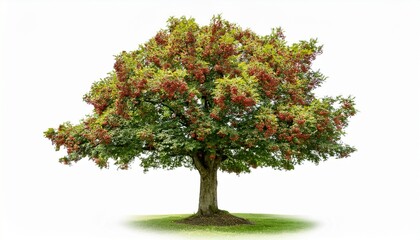 a vibrant hawthorn tree stands tall against a pure white background showcasing its lush green leaves and red berries in stunning detail and natural beauty