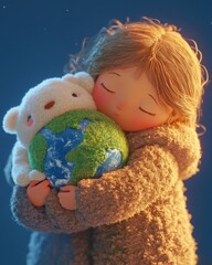 Young girl embracing earth as a teddy bear celebrating environment nature and love whimsical scene close-up view